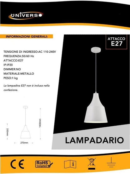 LAMPADARIO A SOSPENSIONE PARALUME A CUPOLA PORTALAMPADA E27 MODERNO BIANCO