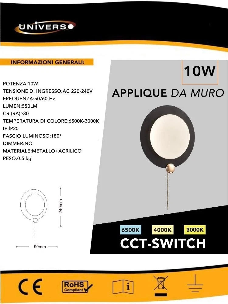 APPLIQUE LED LUCE BIANCA CALDA NATURALE LAMPADA A PARETE 10 W 3 CCT MODERNO AQ20