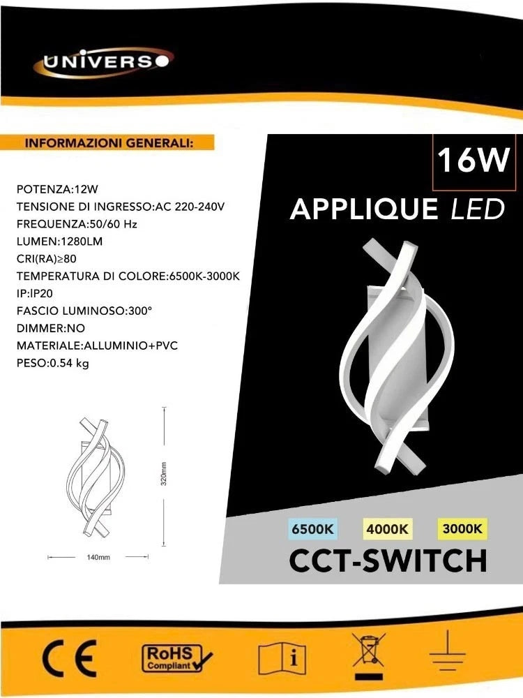 APPLIQUE LED LUCE BIANCA CALDA NATURALE LAMPADA A SPIRALE 12 W 3 CCT AQ23