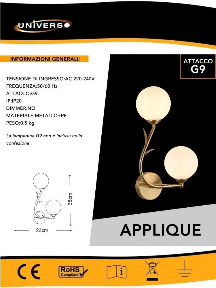 APPLIQUE DA PARETE DUE SFERE SFERA G9 LAMPADA RAMO CON FOGLI COLOR BRONZO AQ65