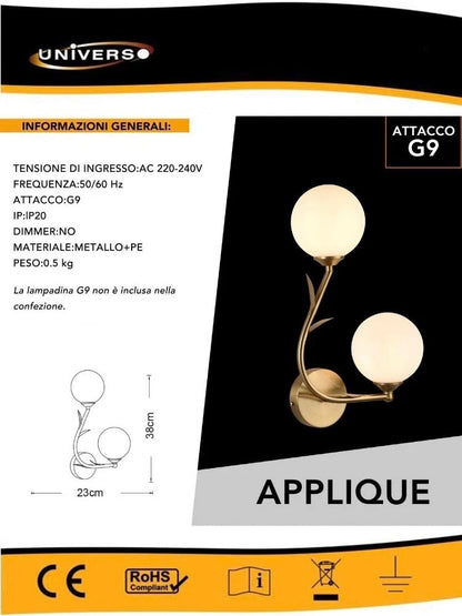 APPLIQUE DA PARETE DUE SFERE SFERA G9 LAMPADA RAMO CON FOGLI COLOR BRONZO AQ65