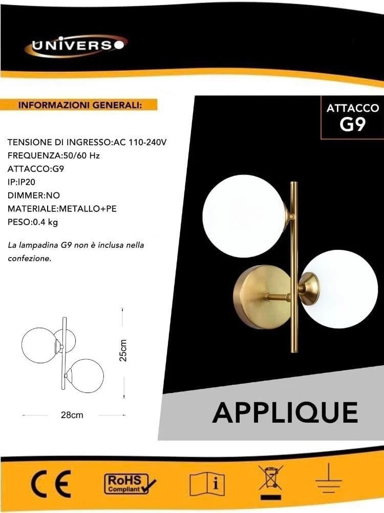 APPLIQUE A PARETE DUE SFERE IN PVC SFERA G9 LAMPADA IN METALLO BRONZO AQ42
