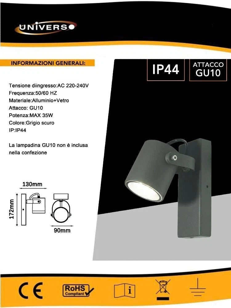 APPLIQUE A PARETE FARETTO ORIENTABILE ATTACCO GU10 LAMPADA PER MURO ESTERNO