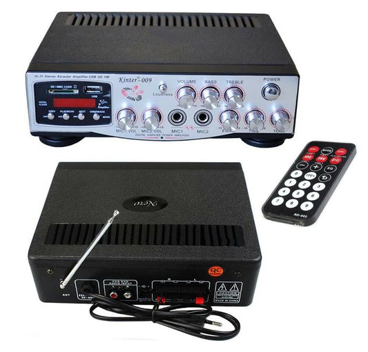 AMPLIFICATORE AUDIO STEREO DOPPIO . INGRESSO X MICROFONO KARAOKE HI FI SD RADIO FM