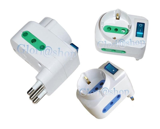 ADATTATORE MULTIPRESA INTERRUTTORE ON/OFF 2 SPINA ITALIANA 10A SCHUKO MAX 1500 W