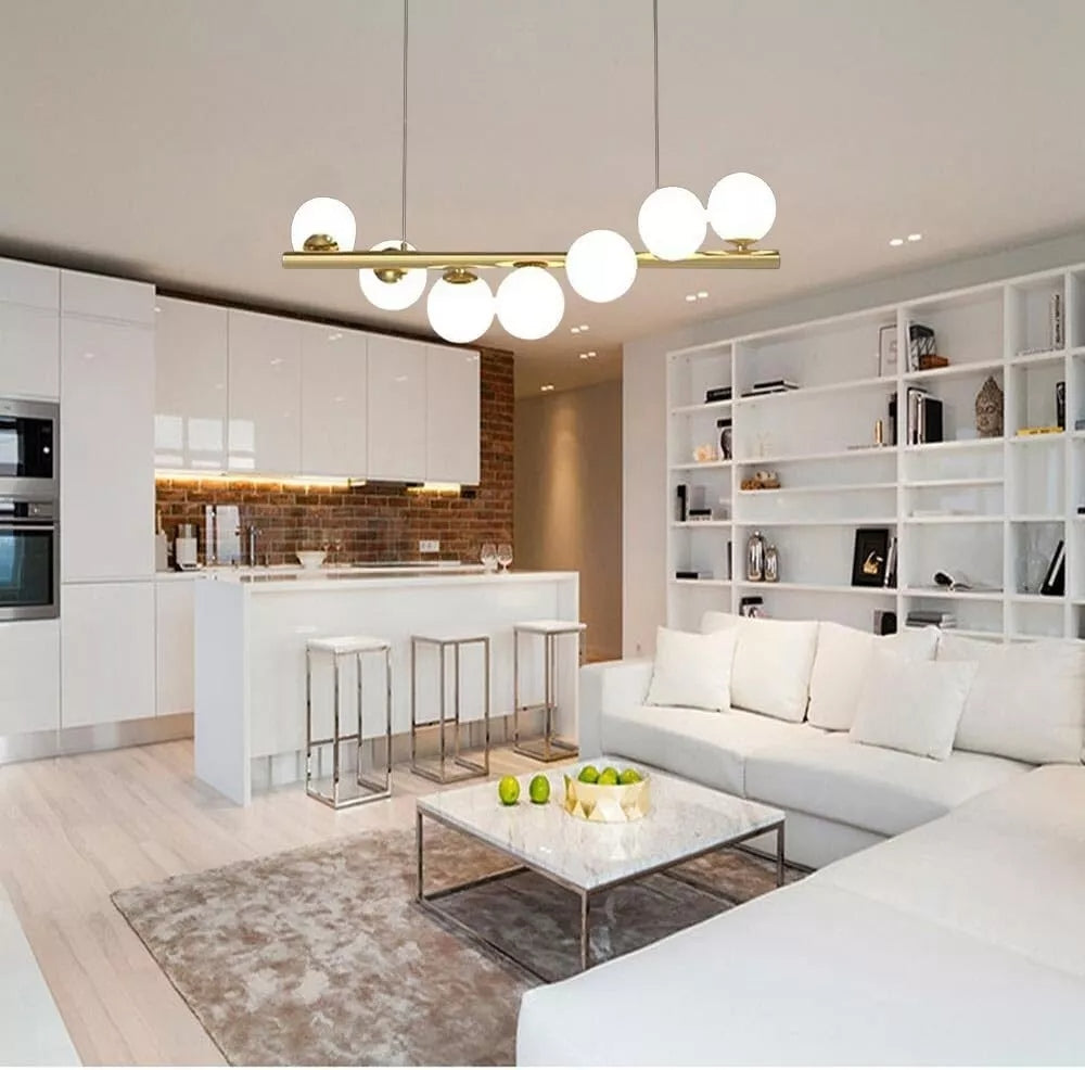 LAMPADARIO A SOSPENSIONE 7 SFERE COLOR BIANCO SFERA G9 MODERNO BRONZO A06