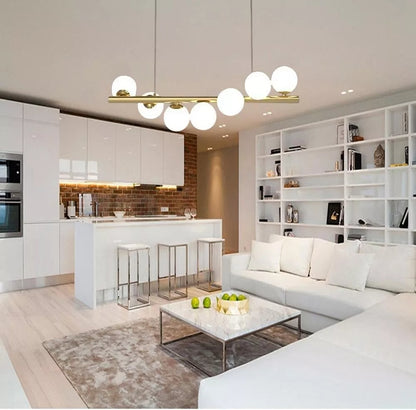 LAMPADARIO A SOSPENSIONE 7 SFERE COLOR BIANCO SFERA G9 MODERNO BRONZO A06