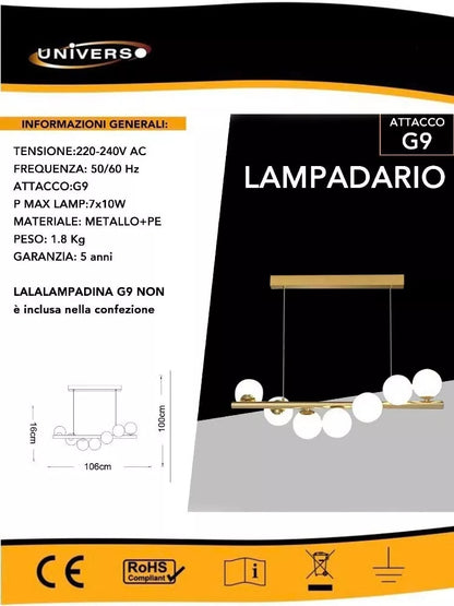 LAMPADARIO A SOSPENSIONE 7 SFERE COLOR BIANCO SFERA G9 MODERNO BRONZO A06