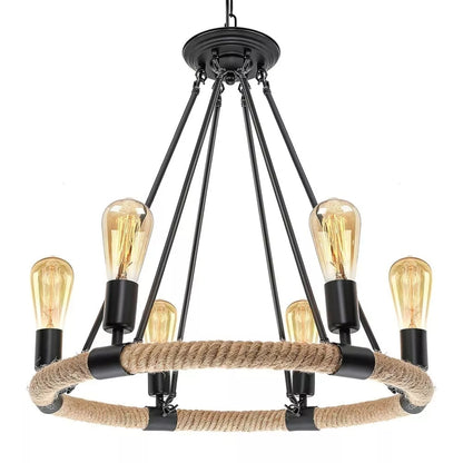 LAMPADARIO ROTONDO RUSTICO IN CANAPA E METALLO PORTALAMPADA E27 INDUSTRIALE A20
