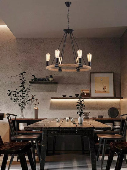 LAMPADARIO ROTONDO RUSTICO IN CANAPA E METALLO PORTALAMPADA E27 INDUSTRIALE A20