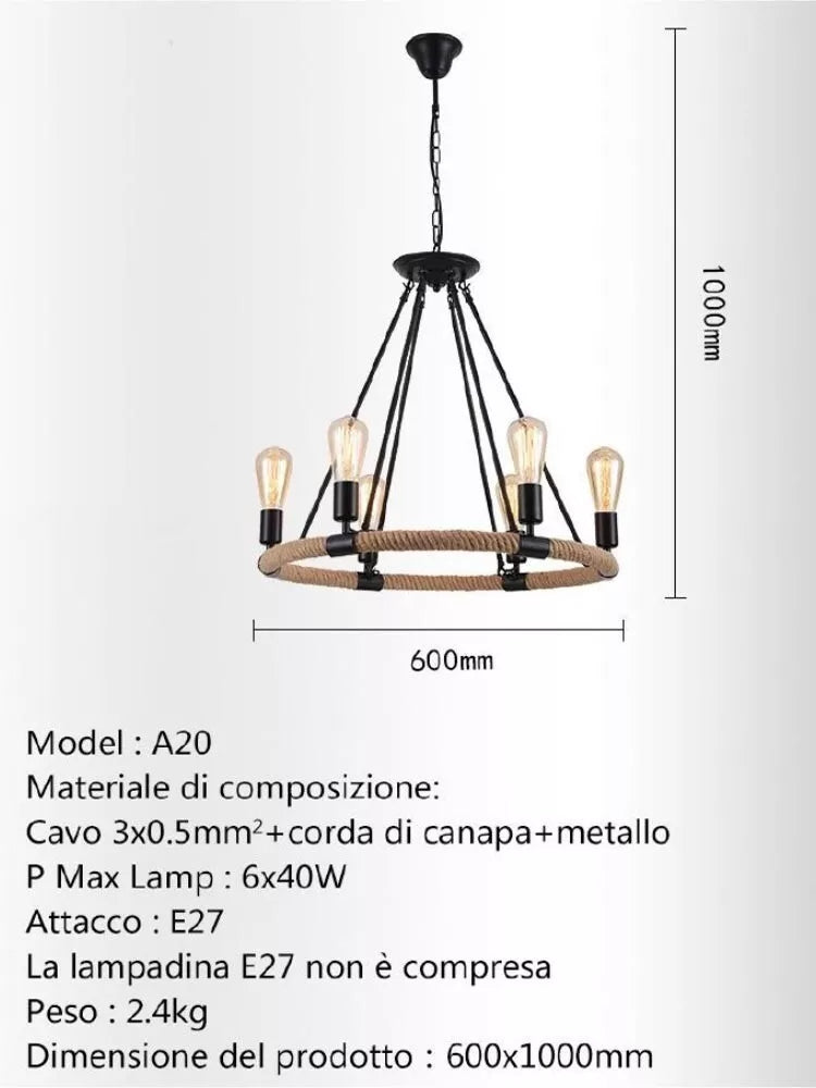 LAMPADARIO ROTONDO RUSTICO IN CANAPA E METALLO PORTALAMPADA E27 INDUSTRIALE A20