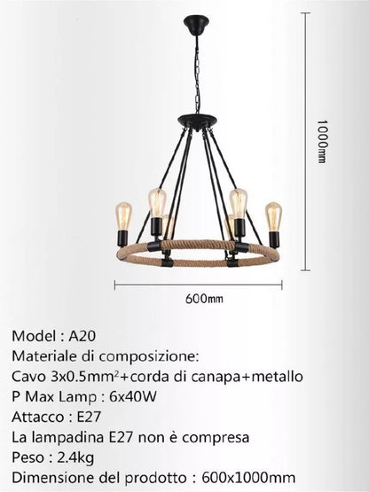LAMPADARIO ROTONDO RUSTICO IN CANAPA E METALLO PORTALAMPADA E27 INDUSTRIALE A20