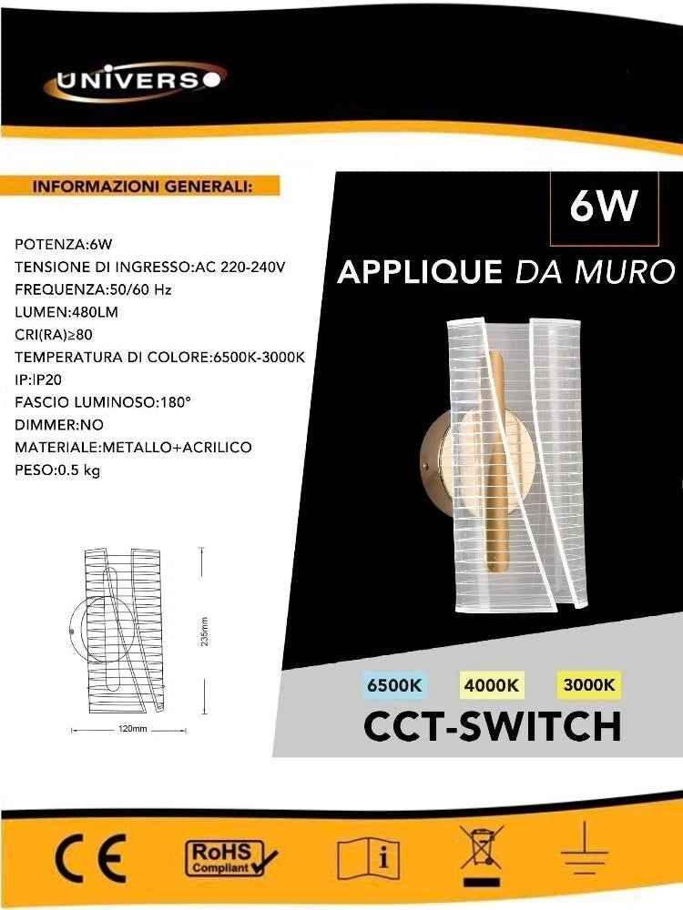 APPLIQUE LED MODERNO LAMPADA DA PARETE 6 W LUCE BIANCA CALDA NATURALE 3 CCT
