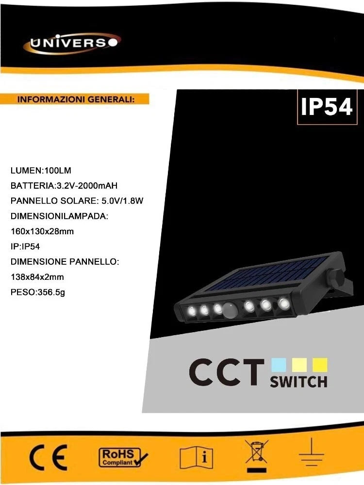 APPLIQUE LED LAMPADA CON SENSORE E PANNELLO SOLARE 3 CCT ESTERNO