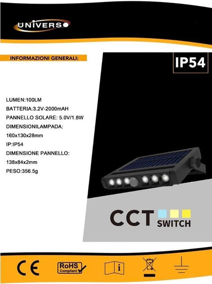 APPLIQUE LED LAMPADA CON SENSORE E PANNELLO SOLARE 3 CCT ESTERNO