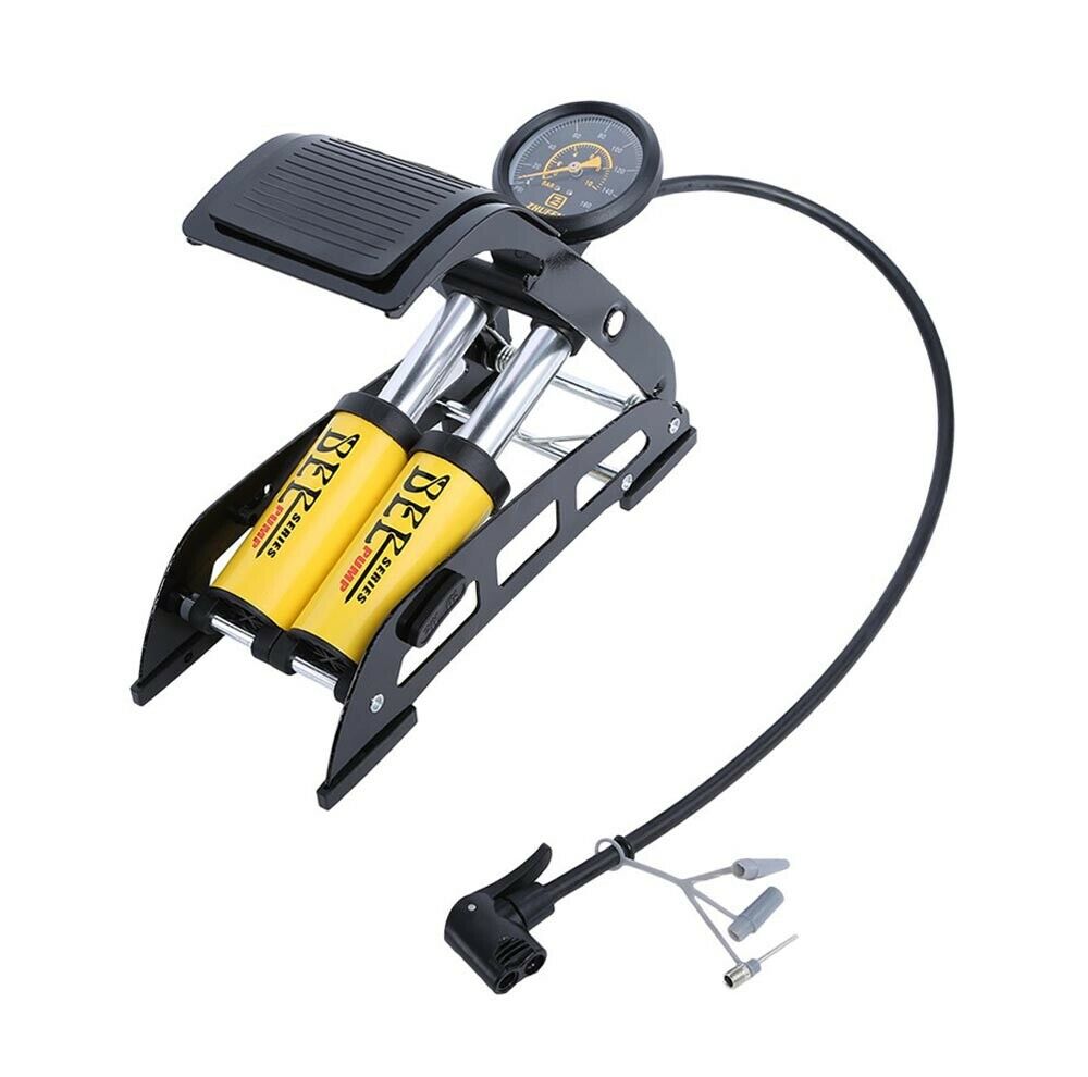 GONFIATORE POMPA A PEDALE 2 CILINDRI MANOMETRO GONFIAGGIO RUOTE AUTO MOTO BICI
