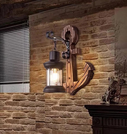 APPLIQUE ANCORA IN LEGNO LANTERNA COUNTRY LAMPADA INDUSTRIALE VINTAGE RETRO E54