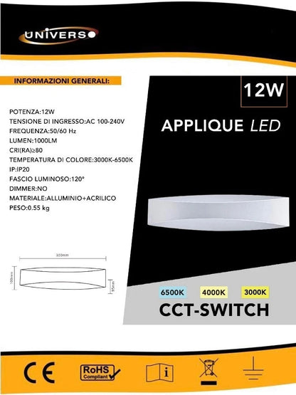 APPLIQUE LED LUCE BIANCA CALDA NATURALE 12 W LAMPADA DA PARETE 3 CCT BIANCO