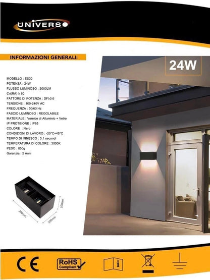 APPLIQUE LED 24 W LAMPADA DA PARETE DOPPIA EMISSIONE LUCE CALDA 3000K NERO