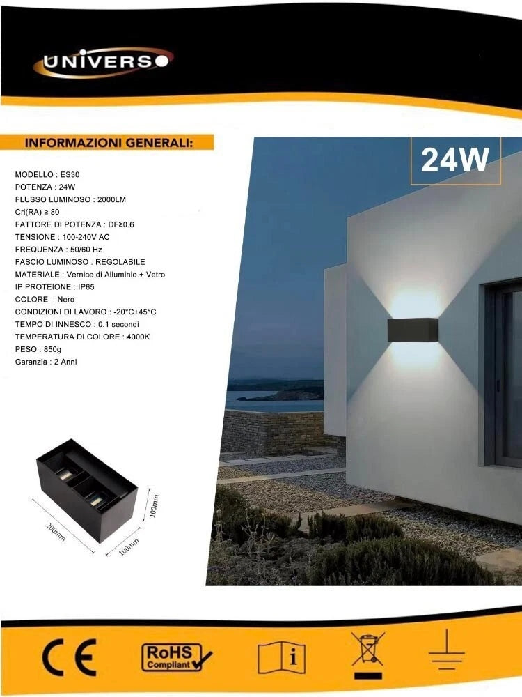 APPLIQUE LED 24 W LAMPADA DA PARETE DOPPIA EMISSIONE LUCE NATURALE 4000K NERO