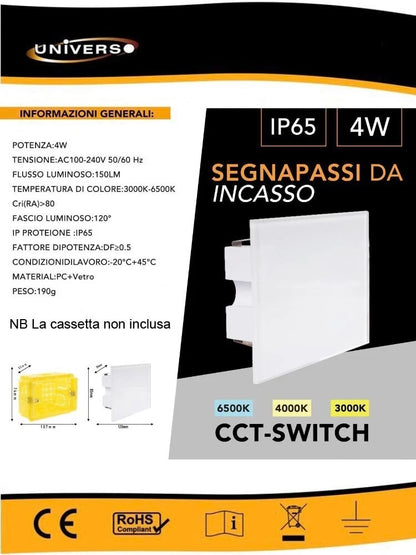 SEGNAPASSI A INCASSO FARETTO LED LUCE BIANCA CALDA NATURALE SEGNAPASSO 3 CCT