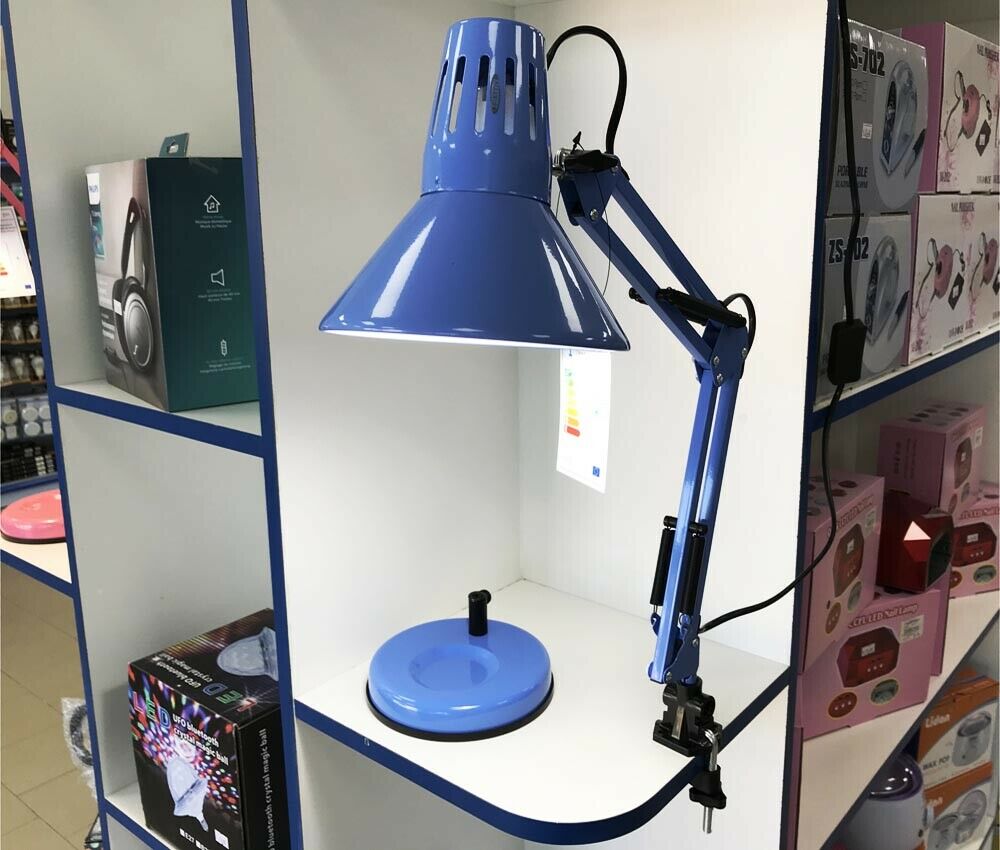 LAMPADA DA TAVOLO SCRIVANIA BRACCIO SNODABILE MORSETTO LUMETTO LUME BLU