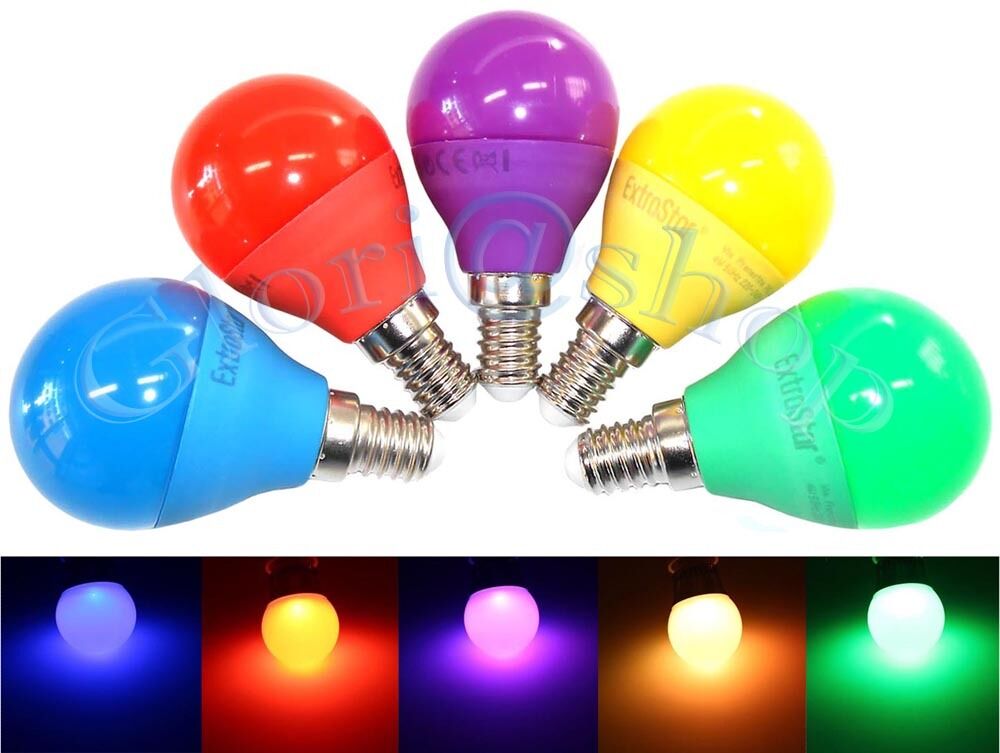 LAMPADINA LED E14 4W LUCE GIALLA BLU . ROSSO VERDE VIOLA LAMPADA SFERA A COLORI