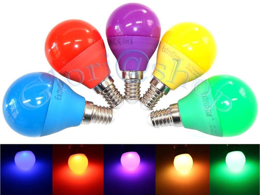 LAMPADINA LED E14 4W LUCE GIALLA BLU . ROSSO VERDE VIOLA LAMPADA SFERA A COLORI