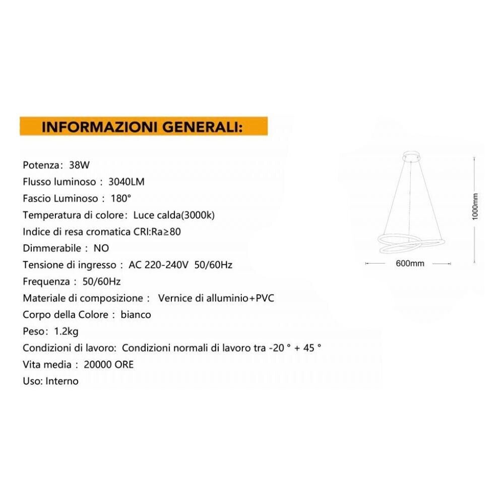 LAMPADARIO A SOSPENSIONE ANELLI INCROCIATI 38 WATT LED LUCE CALDA 3000K MODERNO