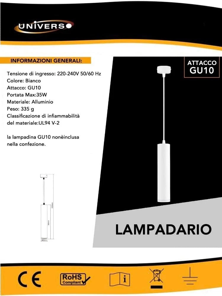 LAMPADARIO A SOSPENSIONE LAMPADA PENDENTE CON ATTACCO GU10 BIANCO