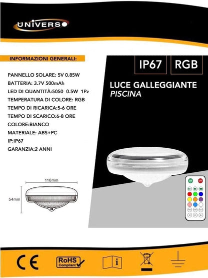 LAMPADA LED RGB PANNELLO SOLARE ILLUMINAZIONE LUCE GALLEGGIANTE PER PISCINA IP67