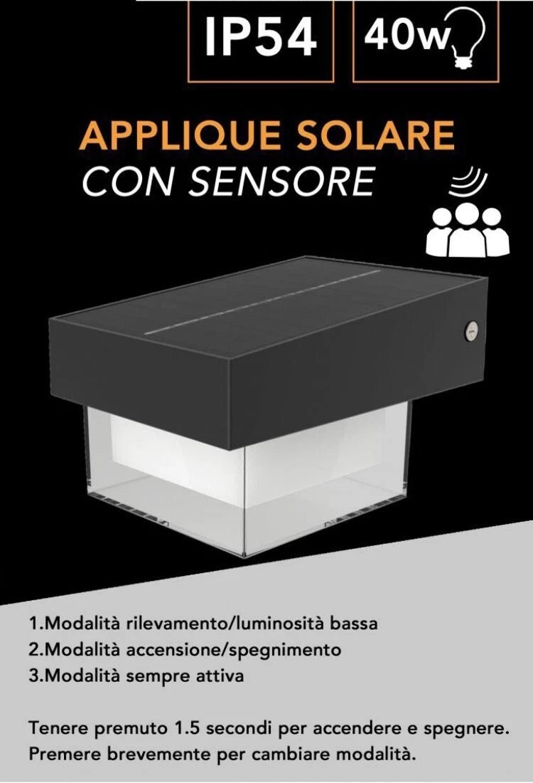 APPLIQUE LED LUCE BIANCA FARO CON PANNELLO SOLARE SENSORE CREPUSCOLARE ESTERNO