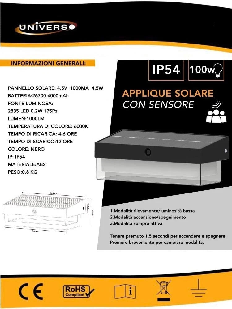 APPLIQUE LED LUCE BIANCA 6000K FARO PANNELLO SOLARE SENSORE CREPUSCOLARE ESTERNO
